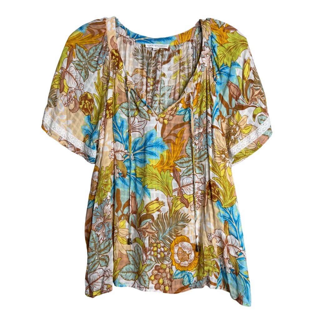 Jane And Delancey Floral Puff Sleeve Top Womens L Yellow Blue Boho Lace Tropical
